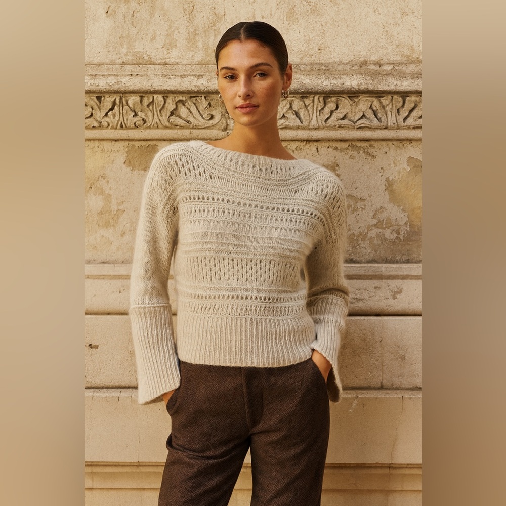 Inhabit Tan Cashmere Sweater Textured Knit Flared Cuffs Luxe Minimalist Pullover